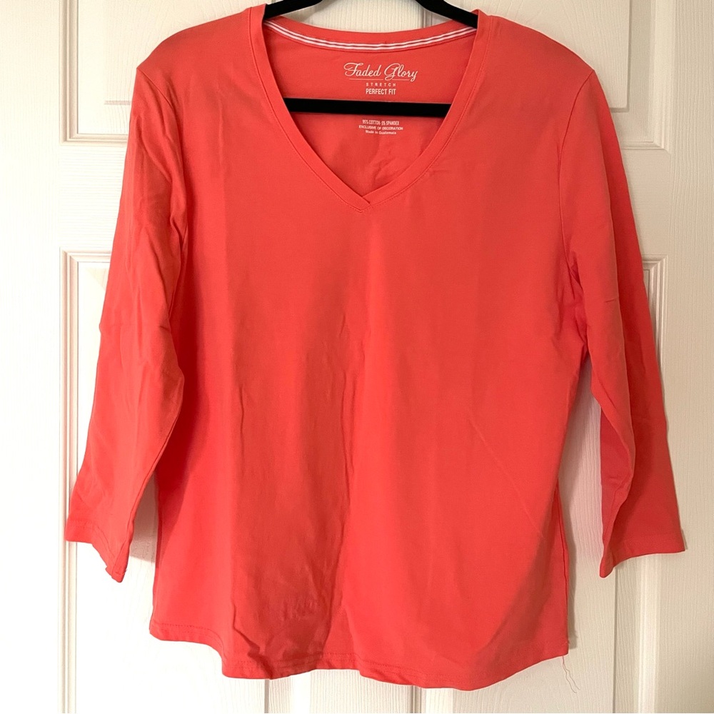 EUC Faded Glory Stretch Perfect Fit V-Neck Blouse | Coral / Bright Red